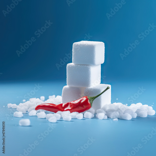 One nice red hot chili pepper lies near white sugar cubes pile. Blue background. Opposites and contrast, ice and flame concept photo