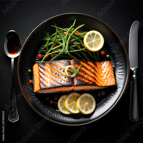 Salmon Fish Delicious Sea Food Breath Taking Mouth Watering Gourmet Meals Hyperrealistic Grilled Salmon Platter with Fresh Vegetables by Stunning Culinary Art Jaw Dropping Lucrative  Fish Fry Recepie  photo