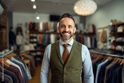 portrait of mixed race man standing in his cloth store wearing a vest and smiling. photo