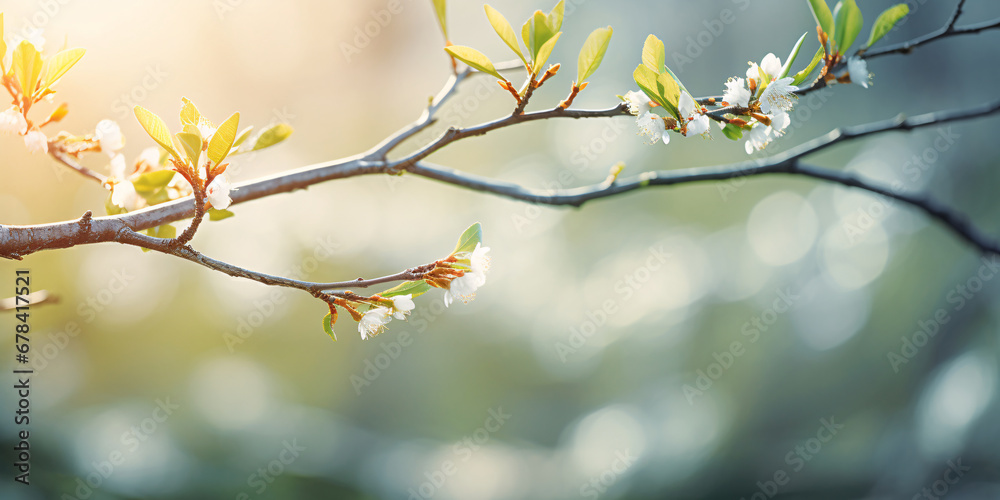 tender green shoots and buds unfurling on spring branches, basking in the golden light, with the park's landscape melting into a watercolor blur behind them tender green shoots and buds unfurling on spring branches, basking in the golden light, with the park's landscape melting into a watercolor blur behind them
