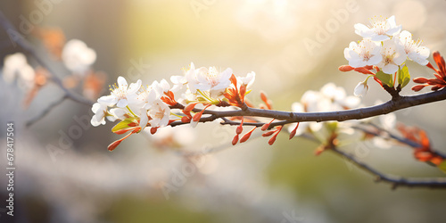 the youthful vigor of fresh spring branches in a park, their delicate buds in sharp focus against a dreamy, out-of-focus backdrop of early springtime greenery