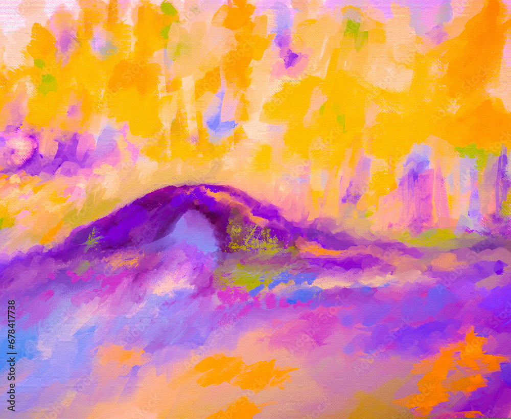 Vibrant Impressionistic & Modern Garden or Park Bridge Over Reflective Water In Neon Colors of Purple, Orange, & Blue, Digital Painting, Art, Artwork, Illustration, Design