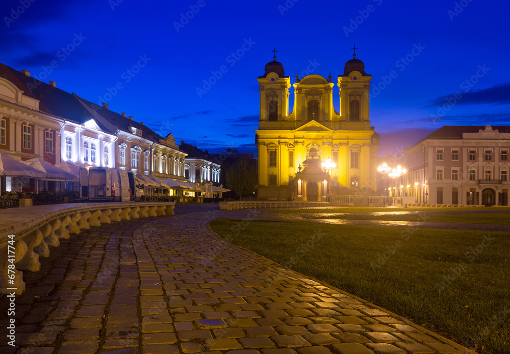 Union Square in night illumination of Timisoara outdoors.