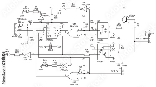 Technical schematic diagram of electronic device. Vector drawing electrical circuit with controller, led, integrated circuit, capacitor, resistor, transistor, logic gate, other electronic components.