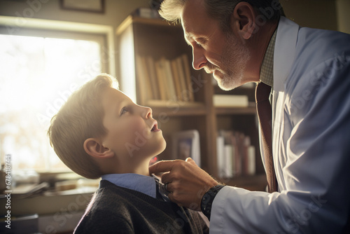 the doctor examines the health of the teenager's throat