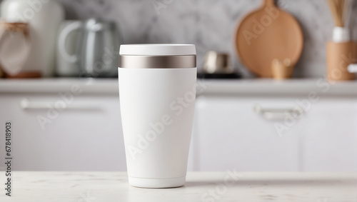 Blank White Tumbler Mockup on blurry kitchen background, Backdrop with copy space