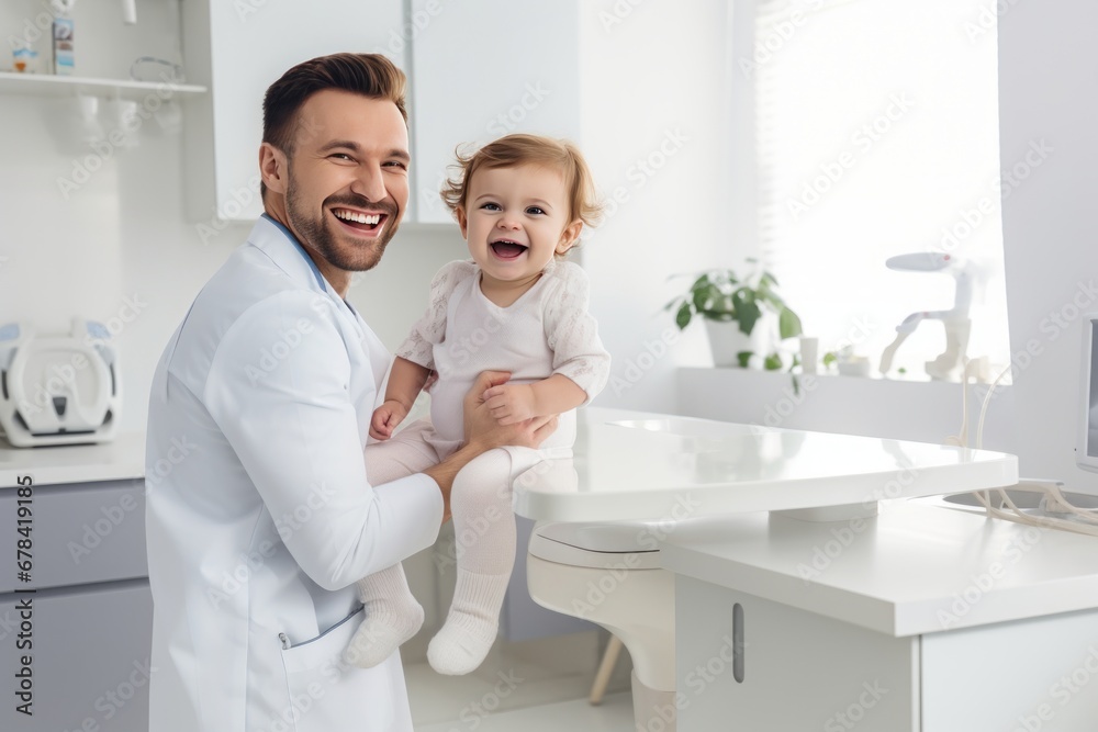 Fototapeta premium cheerful pediatrician holding baby in hands and smiling