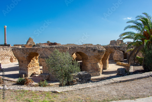 Panoramic view of ancient ruins with thermal baths, archaeological site in Carthage. Tunis, Tunisia 