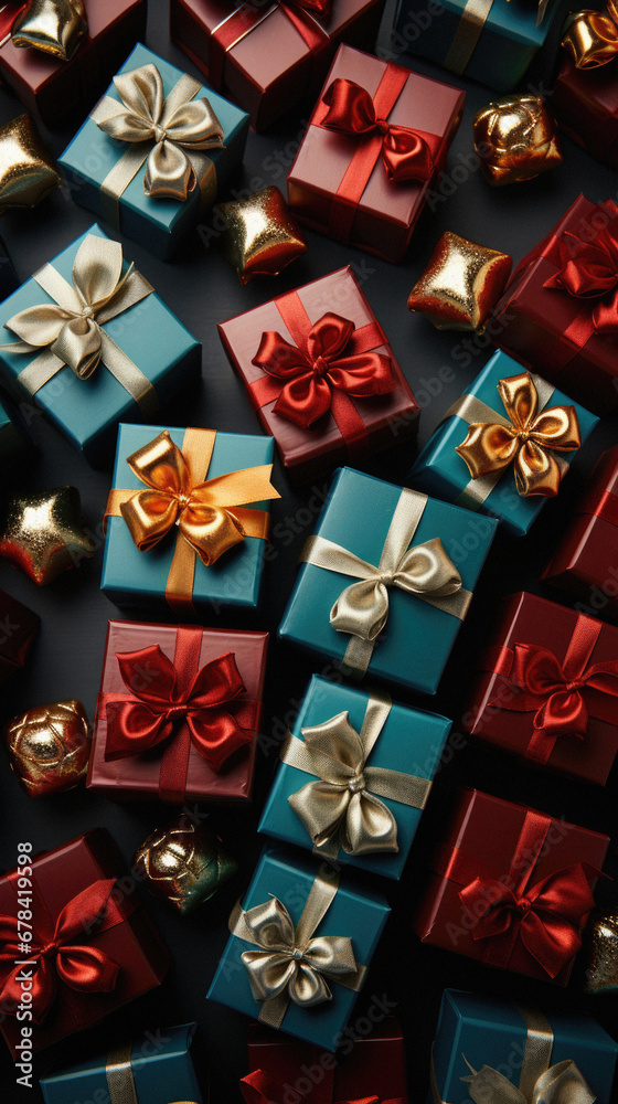 Colorful gift boxes with bows on black background. Top view. Colorful gift boxes with bows on black background. Top view.