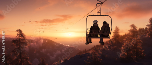 Ski lift driving in Sunrise / Sunset on the mountain. Copy Space