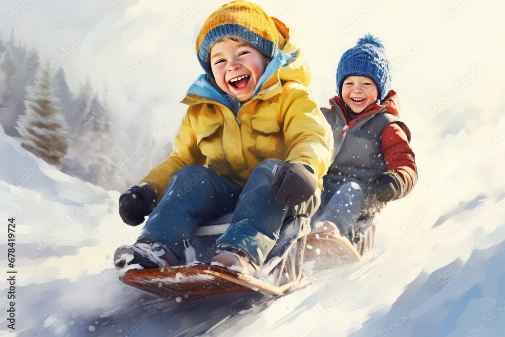 Children riding on a sled in the mountains. Happy children having fun on a snow slide.