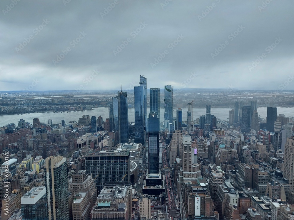 Aerial drone shot of the famous skyscrapers in New York City, United States