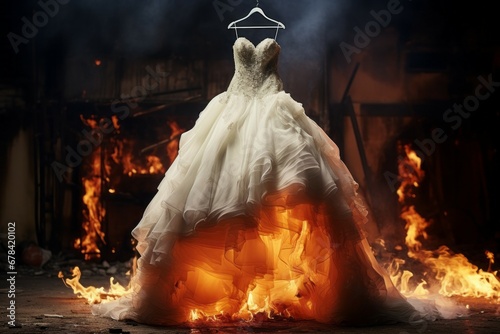 Burning wedding dress in the flames of the fire. Background with selective focus and copy space