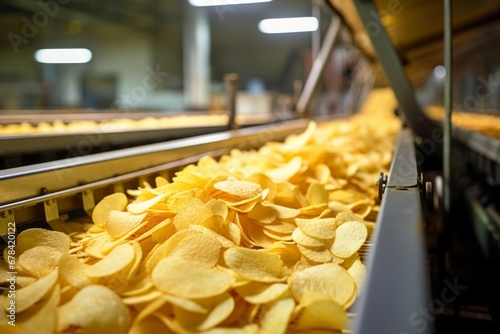 Chips factory. Production conveyor line. Background with selective focus and copy space