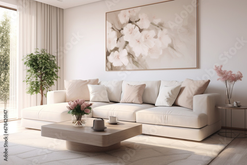 Interior of modern room with comfortable sofa. Blurred Modern white living room interior with sofa  furniture and flowers