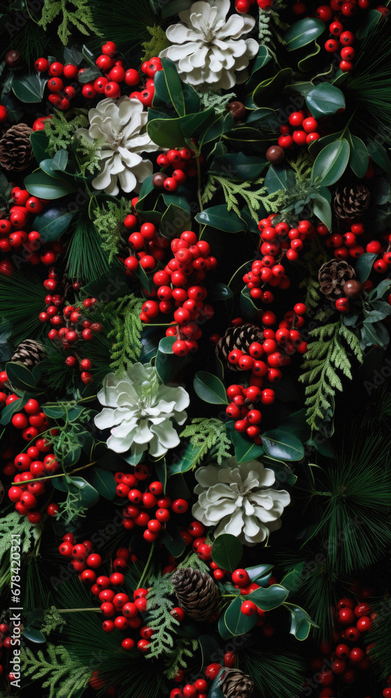 Christmas background with holly, mistletoe, pine cones and red berries.