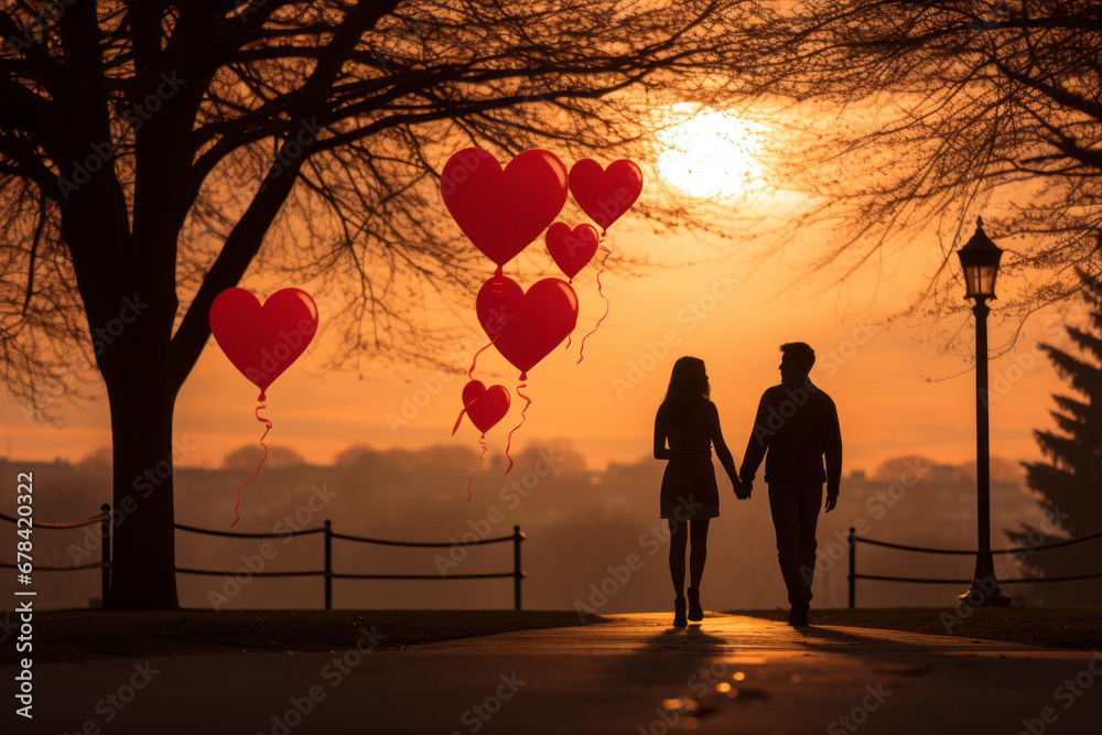 Romantic walk at sunset. Background with selective focus and copy space