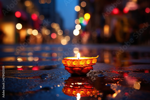 Lit diya lamp on street at night. Happy Diwali festival with oil lamp, Diwali holiday Background with rangoli