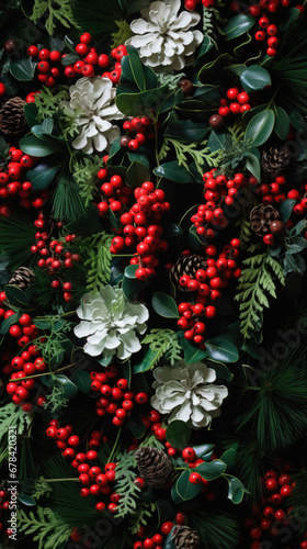 Christmas background with holly, mistletoe, pine cones and red berries.