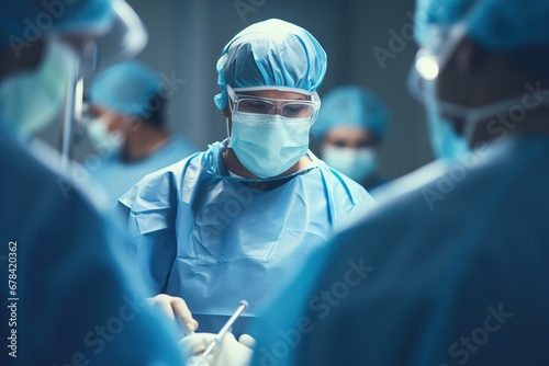 Medical team of surgeons doing minimal invasive surgical interventions photo