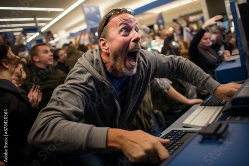 A crowd of people storms a store on Black Friday. Portrait with selective focus and copy space photo