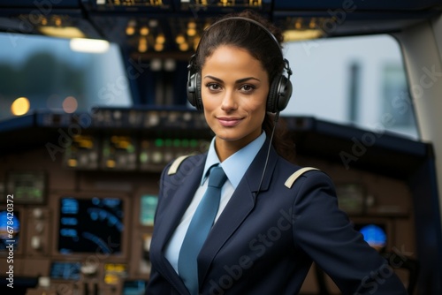 Female flight attendant. Top professions concept. Portrait with selective focus and copy space photo