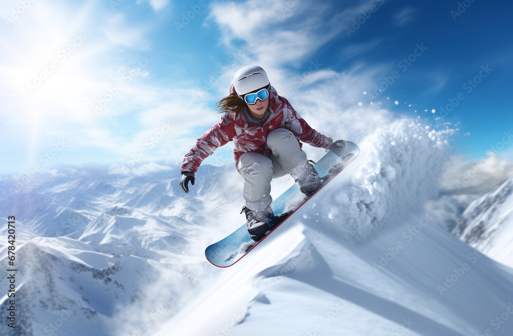 Sport background. Winter sport. Snowboarder jumping through air with deep blue sky in background.