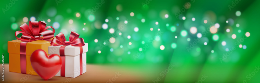 Valentine's day illustration with big red heart and several colored gift boxes with ribbons and bows on a green blurred background with bokeh effect Valentine's day illustration with big red heart and several colored gift boxes with ribbons and bows on a green blurred background with bokeh effect