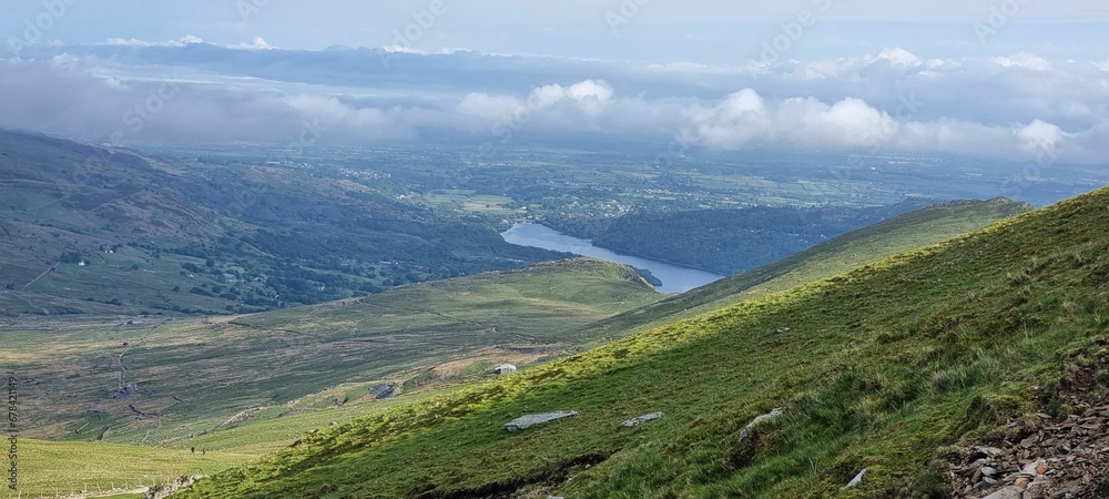 Panoramic view of the Mount Snowdon on a sunny day on the Llanberis Path, Wales, United Kingdom