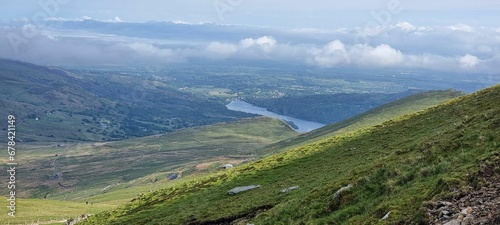 Panoramic view of the Mount Snowdon on a sunny day on the Llanberis Path, Wales, United Kingdom