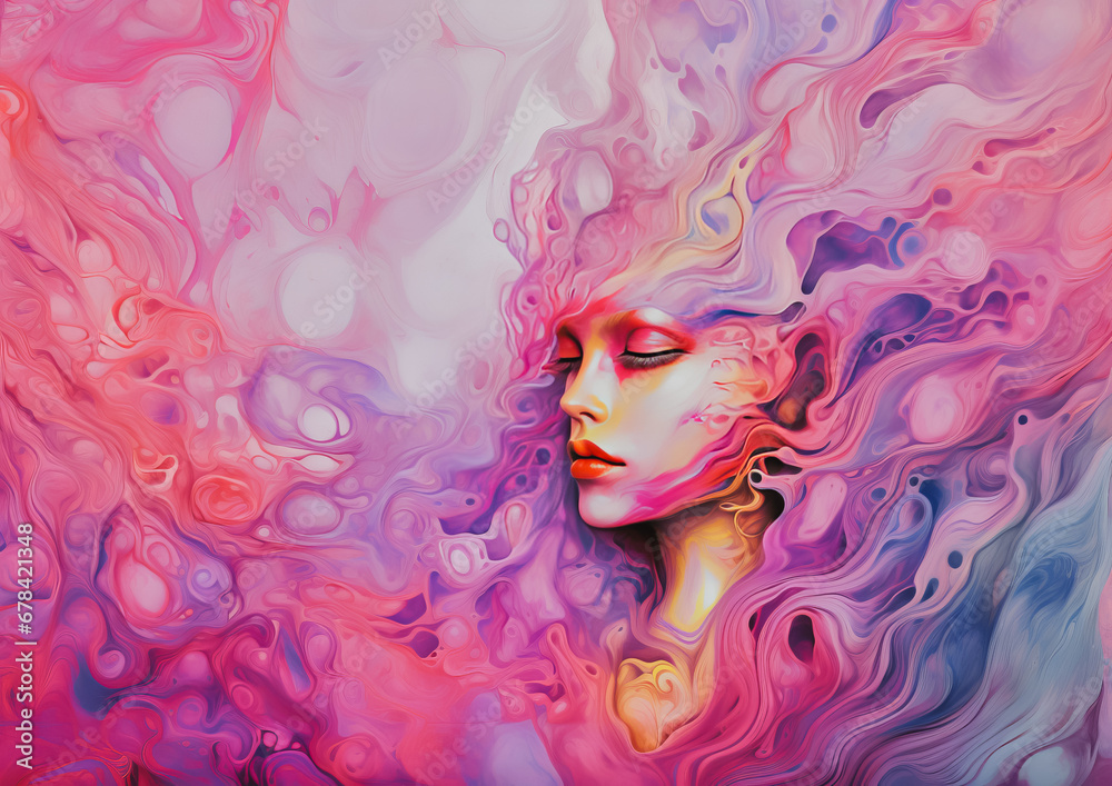 Artistic fashion concept. An abstract face of a young woman emerges from a composition of melting colors. Pastel cyclamen, lilac, white pearl. Color texture, gradient. Pastel futuristic composition.