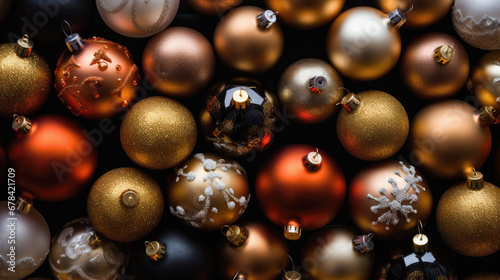 Christmas baubles background  close-up  top view.