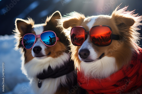 Ski, snow and fun. Happy dogs with sunglasses enjoying winter holiday.