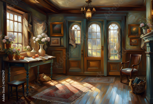 the interior of a old fashioned room with pictures on the walls and furniture with sunlight reflected on the floor