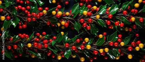 Christmas and New Year background with holly branches and red and yellow berries.