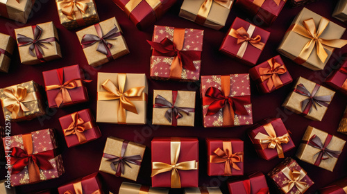 Red and gold gift boxes with ribbons on red background.