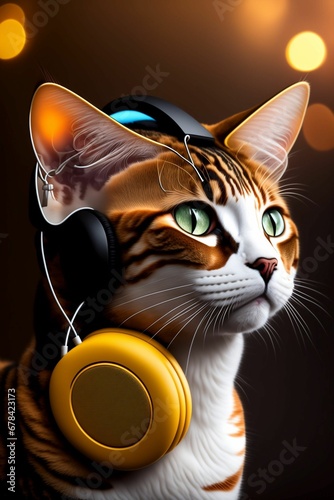 a cat wearing headphones sits and looks away from the camera