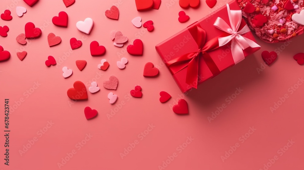 Pink gift box with red bow on pink background with red hearts. Holiday web banner. Top view.. The concept of holiday surprise for Valentines Day, New Year or Christmas. Valentines Day concept. Pink gift box with red bow on pink background with red hearts. Holiday web banner. Top view.. The concept of holiday surprise for Valentines Day, New Year or Christmas. Valentines Day concept.