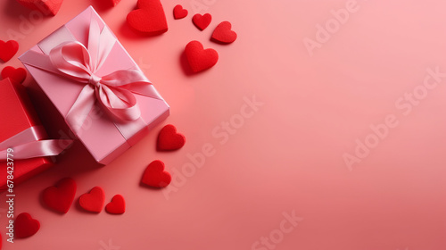Pink gift box with red bow on pink background with red hearts. Holiday web banner. Top view.. The concept of holiday surprise for Valentines Day, New Year or Christmas. Valentines Day concept. © IC Production