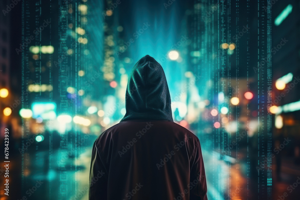 A mysterious man, concealed beneath a hood, surveys the rainy street that glows in the evening light, his demeanor reflecting a somber mood A mysterious man, concealed beneath a hood, surveys the rainy street that glows in the evening light, his demeanor reflecting a somber mood