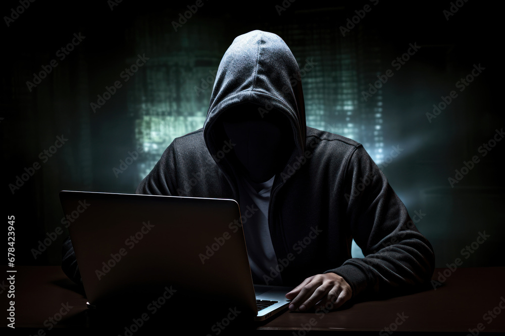 An unidentifiable hacker is working on a laptop in a room with minimal lighting An unidentifiable hacker is working on a laptop in a room with minimal lighting