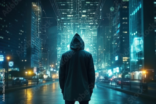 anonymous hacker in a hood looks at the evening illuminated street with a hologram  gloomy mood  double exposure