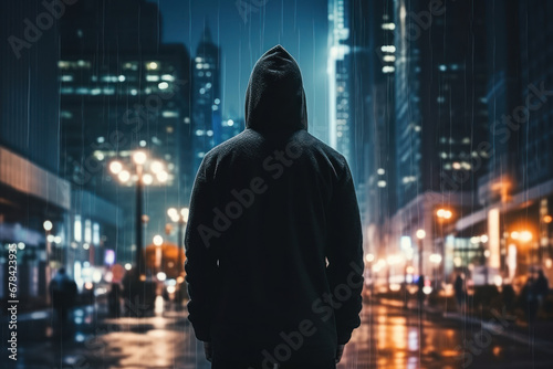 An anonymous man in a hood looks at the evening illuminated rainy street, gloomy mood