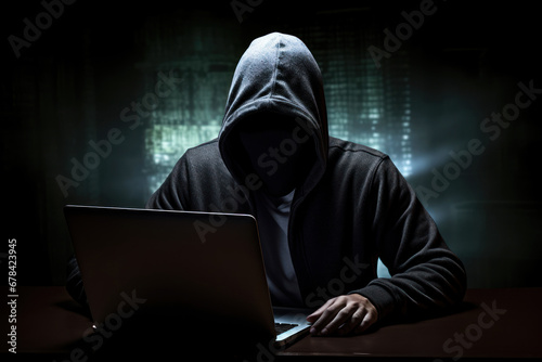 An unidentifiable hacker is working on a laptop in a room with minimal lighting