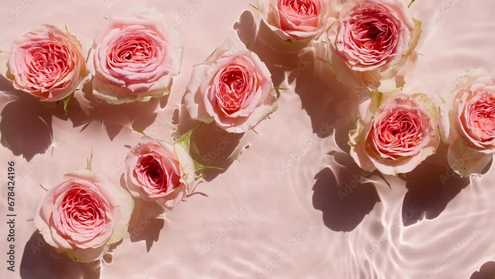 Pink rose flowers on water surface and of waves on pink background. Sun and shadows. Water splash. Pure pink water with reflections sunlight and shadows in slow motion. Sample for design, advertising.