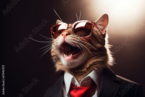 laughing cat with glasses and suit
