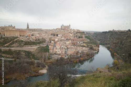 Aerial view of the Toledo skyline with the Alcazar de Toledo building in Spain