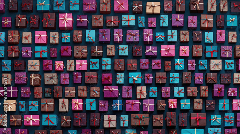 Top view of many gift boxes on blue background.