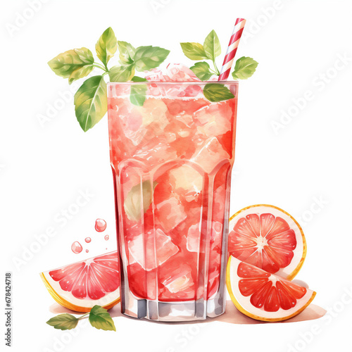 Watercolor hand painted fresh grapefruit lemonade drink glass simple sketch illustration isolated on white background. Hand drawn clip art for menu, ads, banners and poster designs.