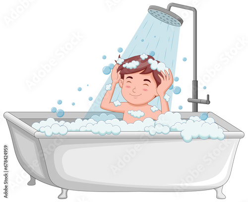 Little boy take a bath in the bathtub. Vector illustration